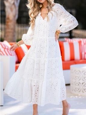 Aura White Eyelet Tiered Maxi Dress